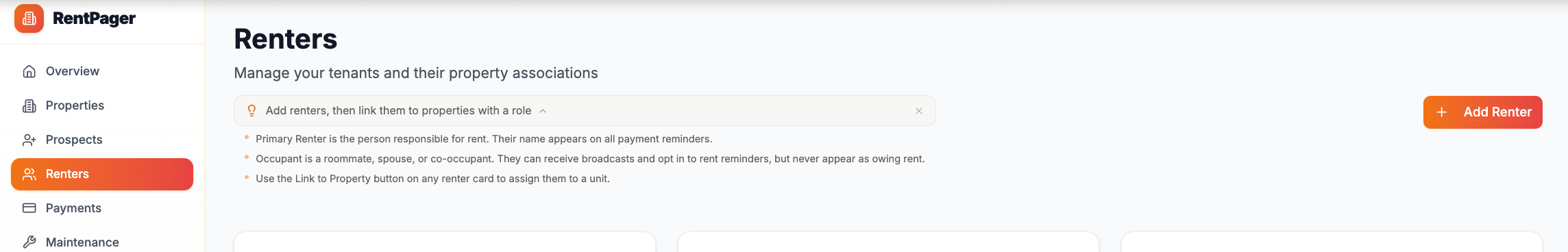 RentPager Renters page showing collapsible in-page guide tip explaining Primary Renter and Occupant roles with bullet point instructions