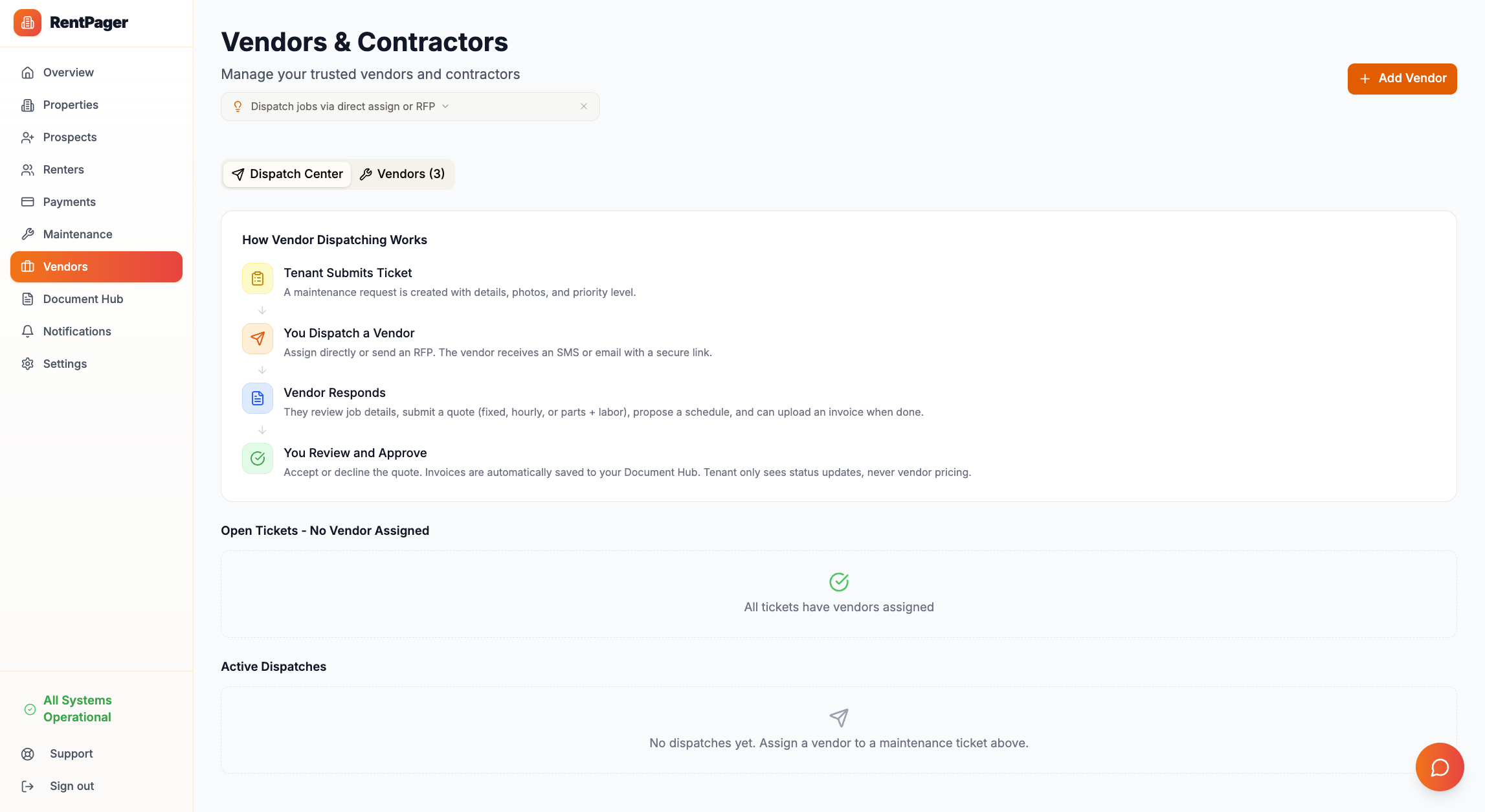 RentPager Vendor Dispatch Center showing the step-by-step vendor dispatching workflow from ticket submission to quote approval