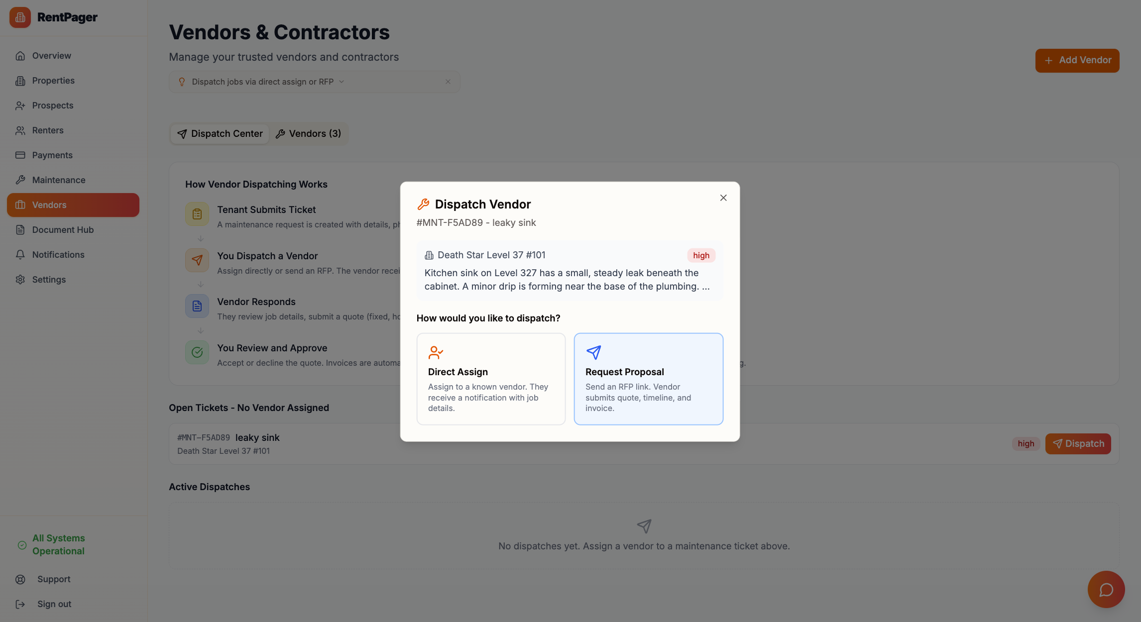 RentPager Dispatch Vendor dialog showing Direct Assign and Request Proposal options for assigning maintenance work to vendors