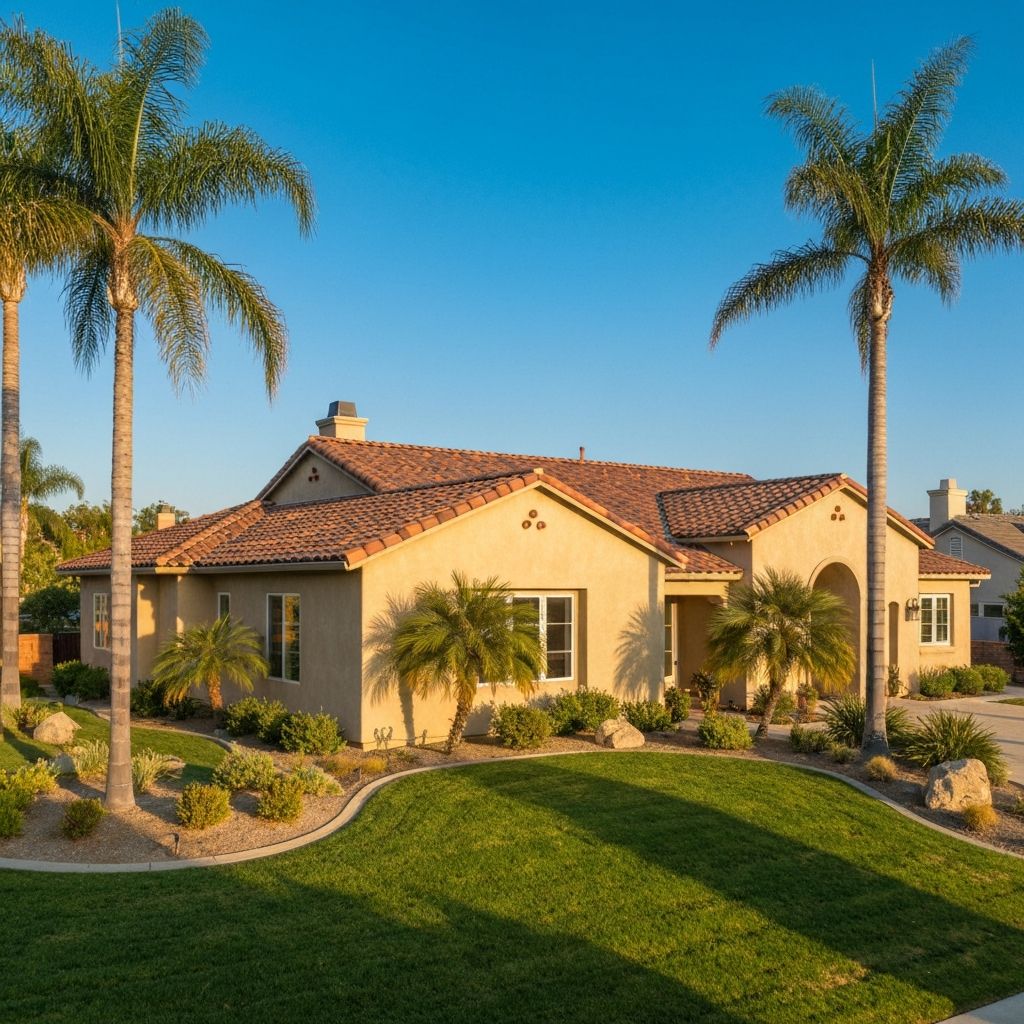 Beautiful California home with Spanish tile roof and palm trees