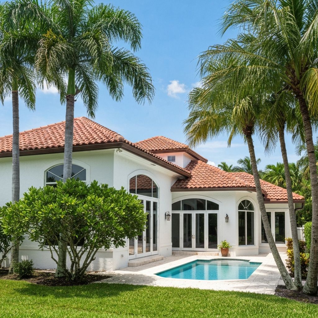 Beautiful Florida home with white stucco exterior and palm trees